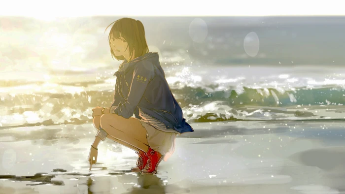 beach sea squatting anime girls red shoes water one person 2k