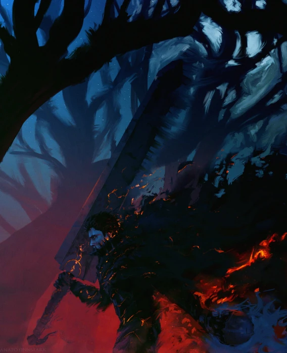 Berserk fire burning sword Guts smoke armor forest trees