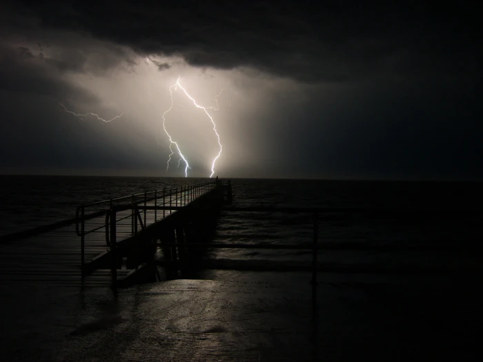 Storm Lightning Dark Clouds Water Ocean Pier Dock Black HD nature 2k
