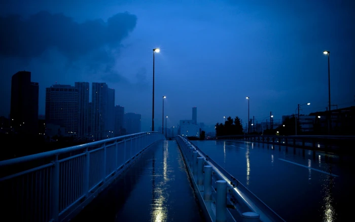 street lights lot rain night wet cityscape blue architecture 2k