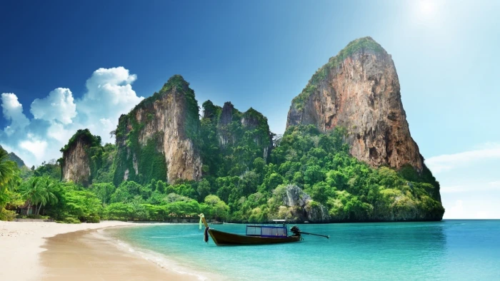 black and white boat nature landscape mountains clouds Thailand 2k