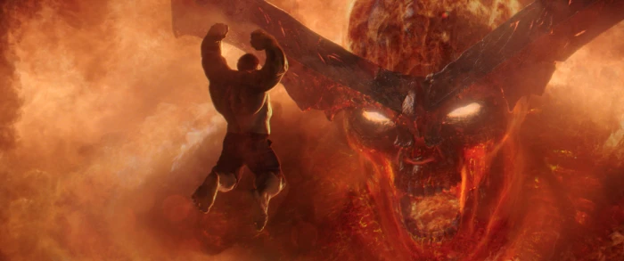 Thor Ragnarok Hulk jumping Surtur fire demon screaming 2k