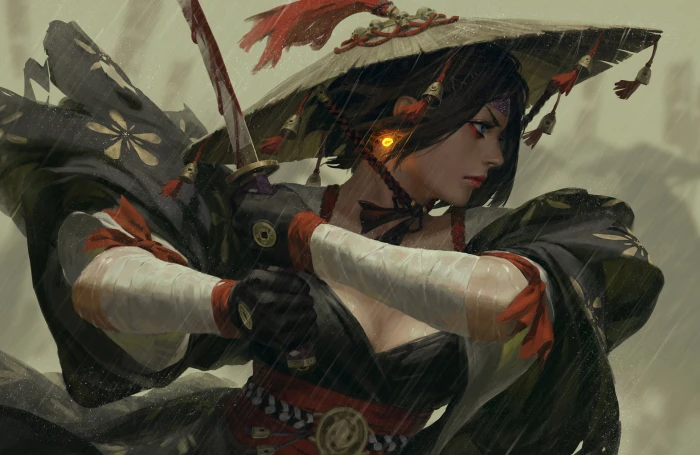 black haired female holding katana illustration warrior fantasy art 2k