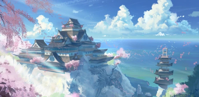 temple and pagoda illustration anime Asian architecture digital art 2k