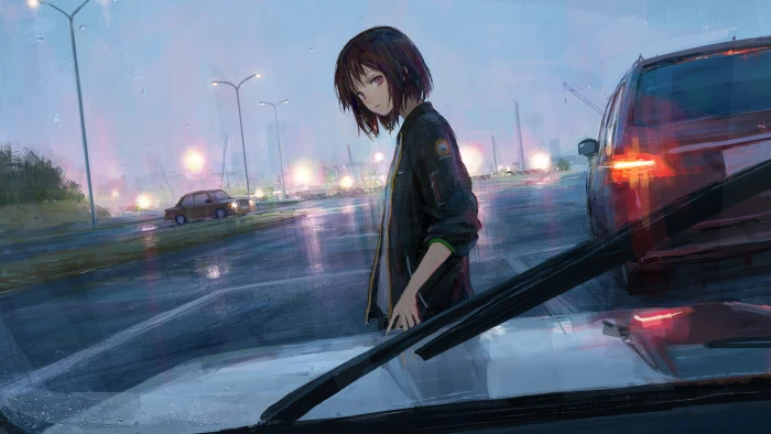 black haired female character in jacket digital wallpaper anime 2k