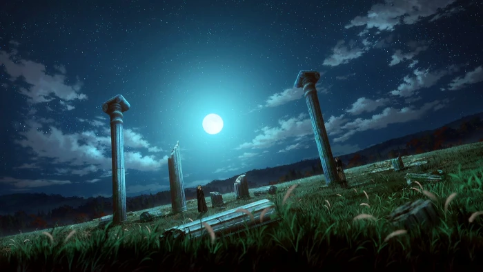 Vinland Saga landscape ruins night sky Moon stars 2k