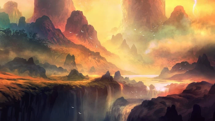waterfalls painting mountain artwork fantasy art 2k