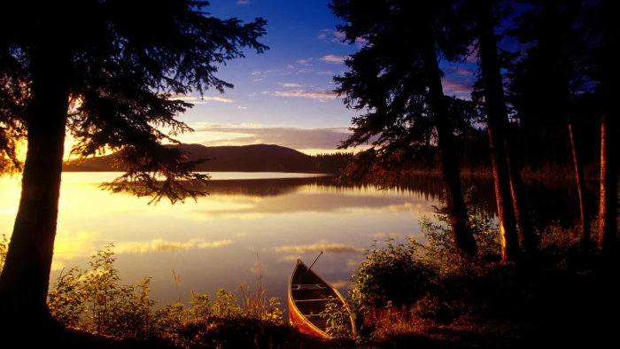 Boat lake sunset trees beautiful natural scenery 2k