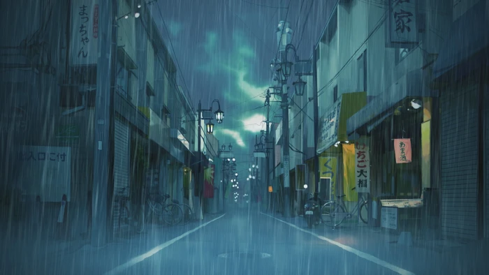 white buildings wallpaper Japan street cityscape clouds rain 2k