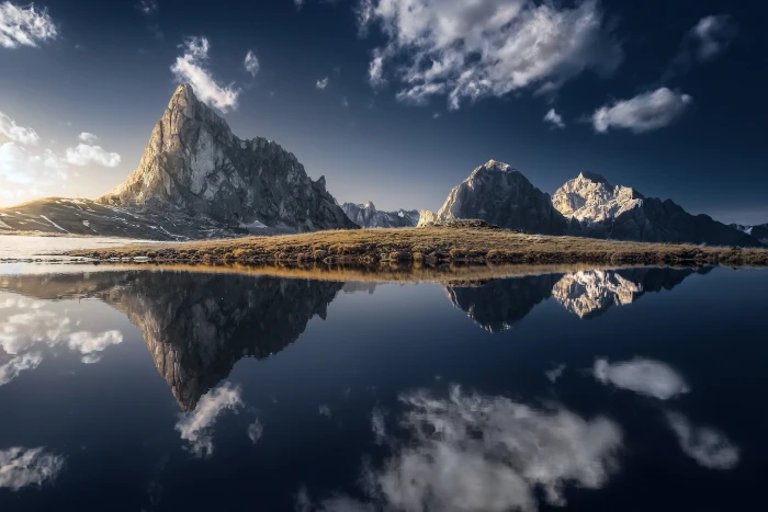 body of water mountains landscape nature blue sky reflection 2k