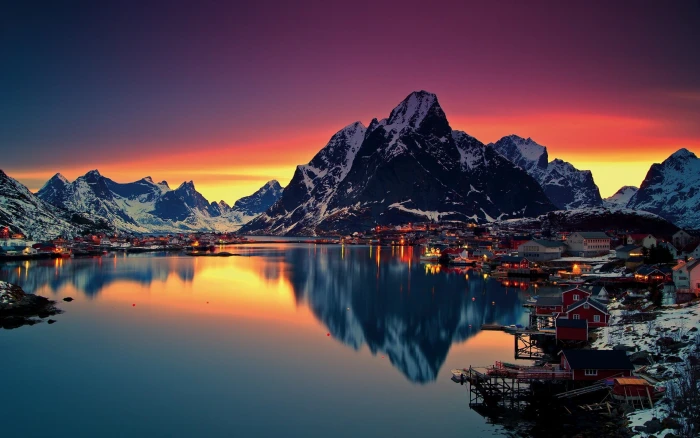 body of water nature sea sunset reflection mountains snow 2k