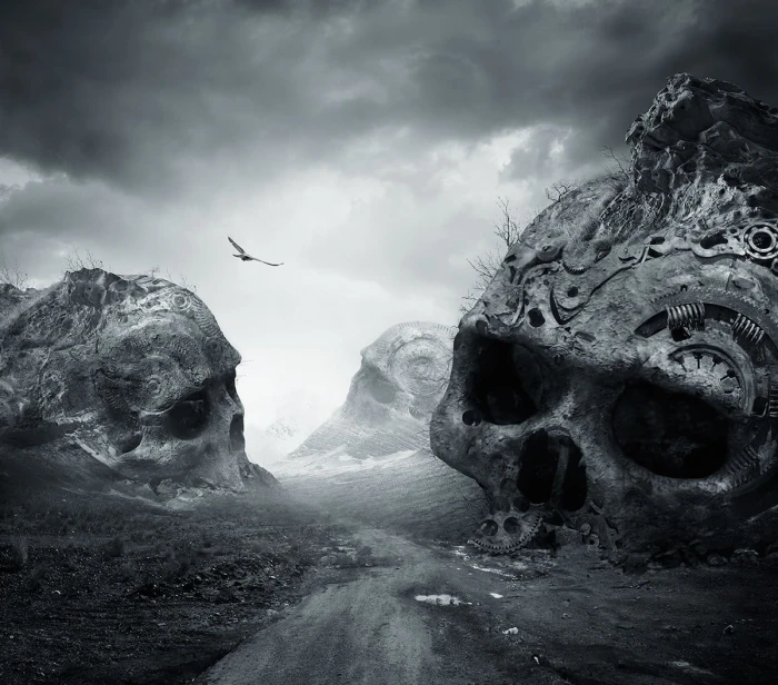 three skulls nature landscape dirtroad death monochrome
