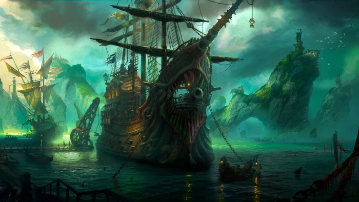 brown and black pirate ship League of Legends Bilgewater fantasy art 2k