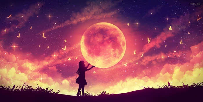 woman facing moon wallpaper anime girls space astronomy 2k