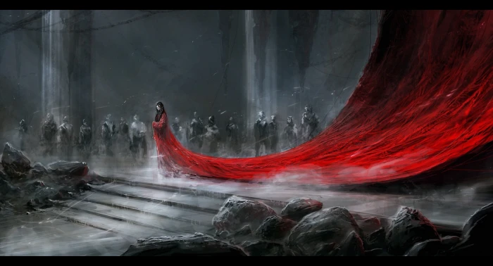 woman wearing red dress digital wallpaper fantasy art selective coloring 2k