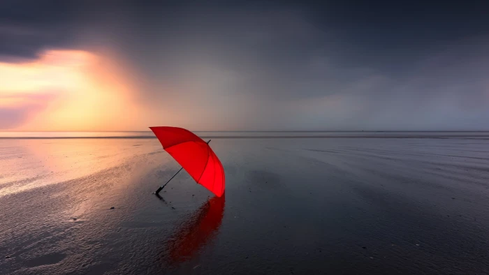 umbrella red sea beach horizon cloudy photography 2k