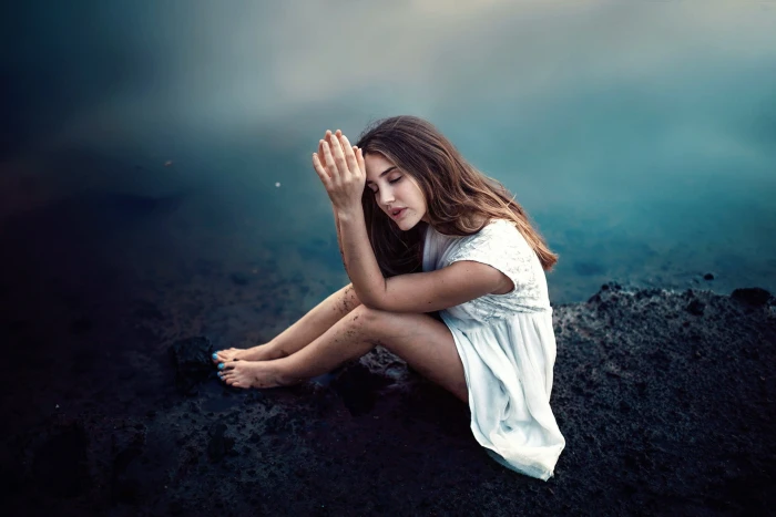 women model white dress on beach mud brunette closed eyes 2k