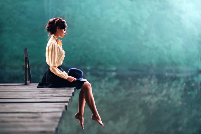 women's brown long sleeved top and blue skirt Maks Kuzin model 2k