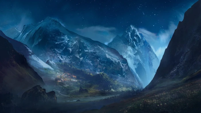 village landscape mountains peak night sky starry 2k