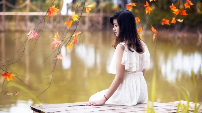 women's white dress model brunette long hair Asian women outdoors 2k