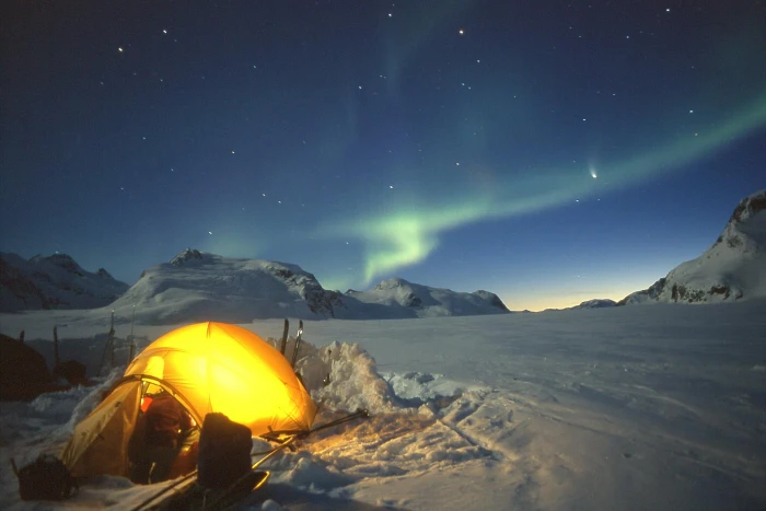 yellow outdoor tent under Aurora Borealis greenland 2k