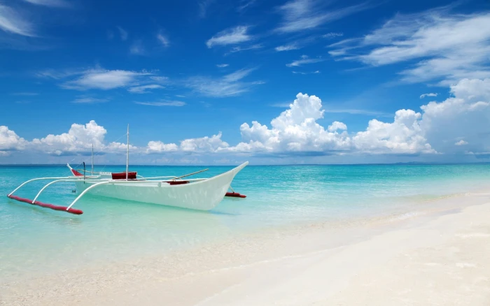 white boat nature landscape beach sea clouds sand sky 2k