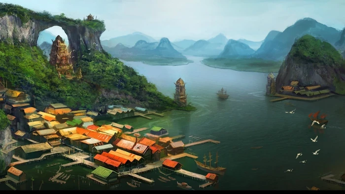 city on top of body water near mountain digital wallpaper 2k