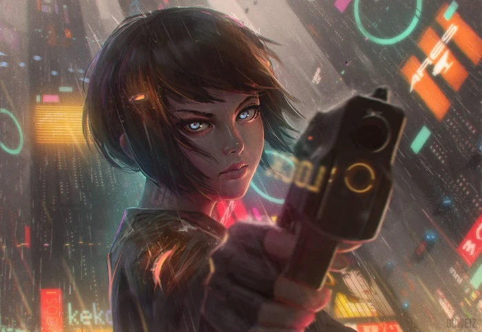 woman holding black gun wallpaper anime girls short hair