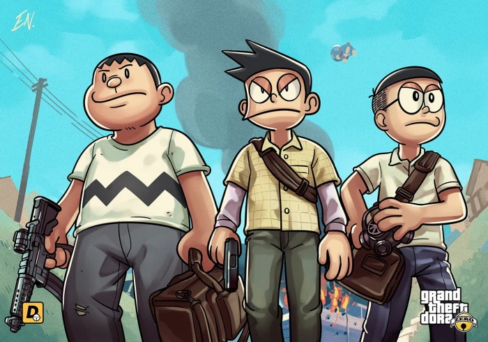 Doraemon characters three boys anime character digital wallpaper