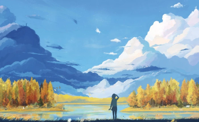 Fall Scenery Painting person standing in front of body water digital painting 2k
