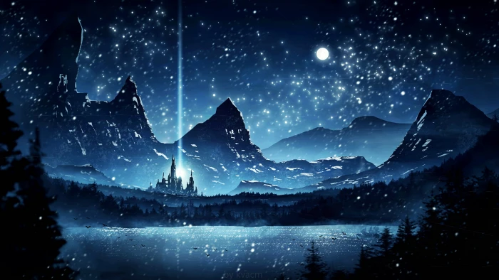 Fantasy Landscape Beam Lake Mountain Nature Night 2k