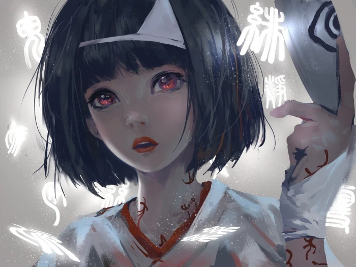 female anime character in white top wallpaper black hair short 2k