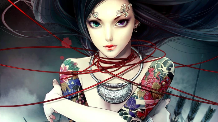 female anime character with skin tattoos digital wallpaper women 2k