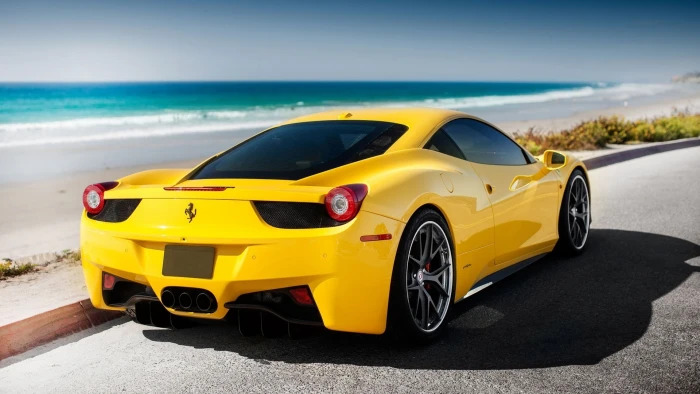 Ferrari Italia car beach yellow cars shore 2k