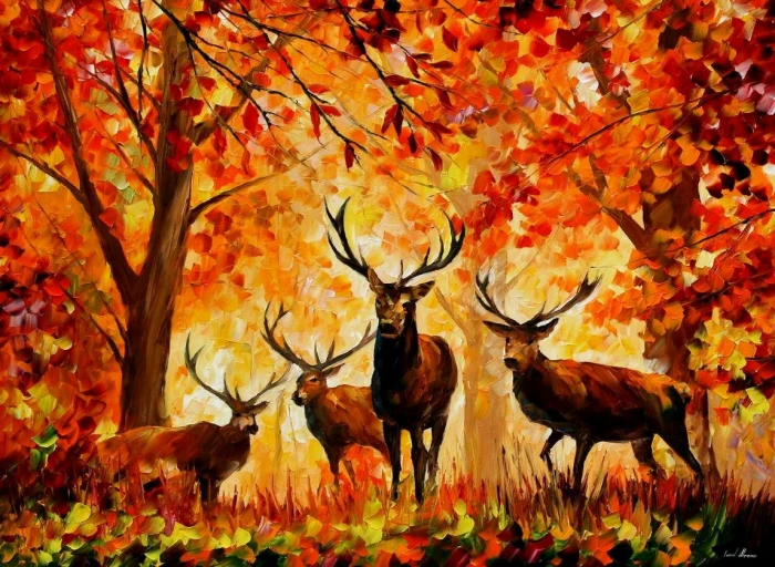 four buck surrounded trees painting brown deer near