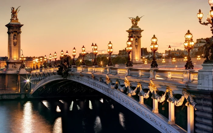 France Paris Pont Alexandre III Seine river city lights night scenery white and black bridge 2k