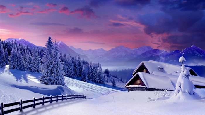 house covered with snow painting nature winter landscape cold temperature 2k