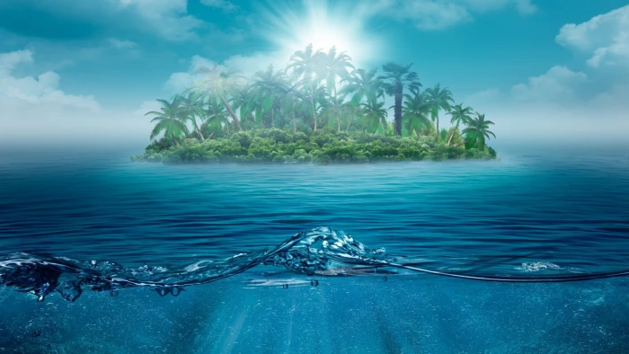 island with coconut trees digital wallpaper beach sea water 2k