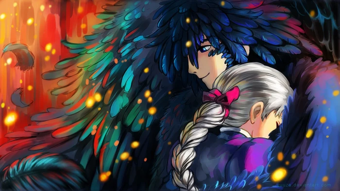 man and girl hugging anime character digital wallpaper Studio Ghibli 2k