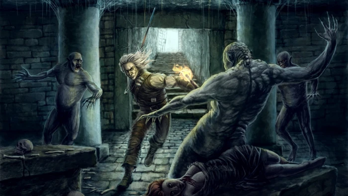 man fighting demons to save woman at basement game graphic wallpaper 2k