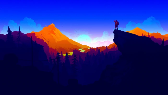 man on top of cliff illustration landscape painting Firewatch 2k 4k