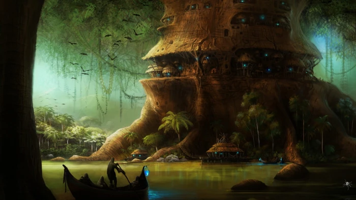 man sailing boat near tree wallpaper fantasy art digital 2k
