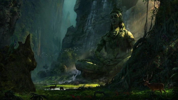 man sitting under tree digital wallpaper mountains deer landscape 2k