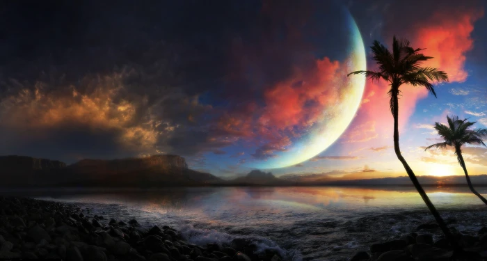 Moon water sea reflection palm trees beach digital art 2k