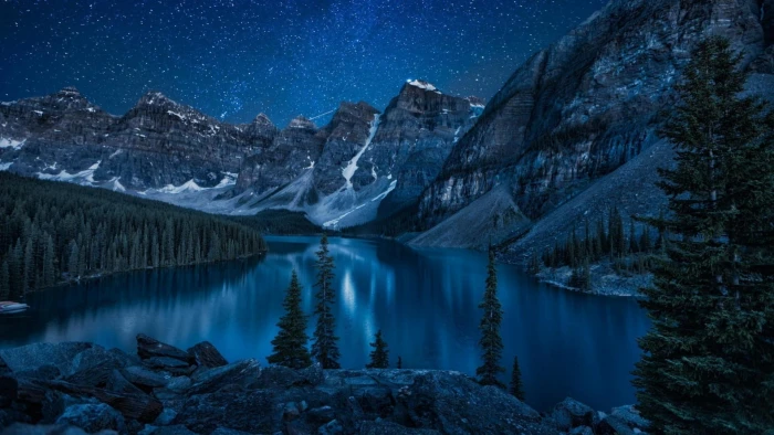 moraine canada stars night sky starry freezing peaks 2k
