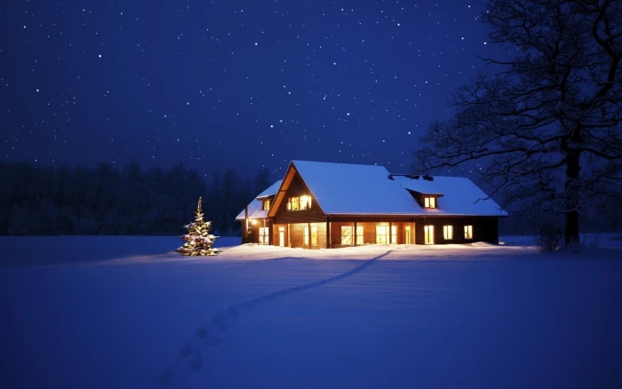 nature cabin winter snow night 2k