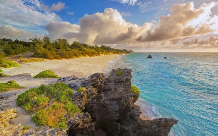 nature landscape beach Bermuda island sea sand clouds 2k