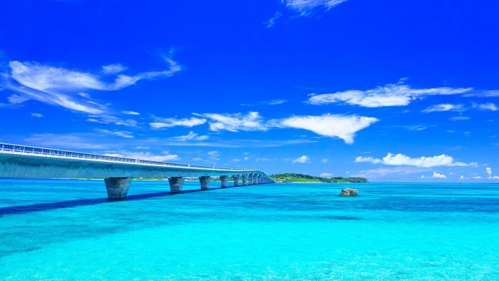 nature landscape bridge clouds sky rock clear water trees 2k