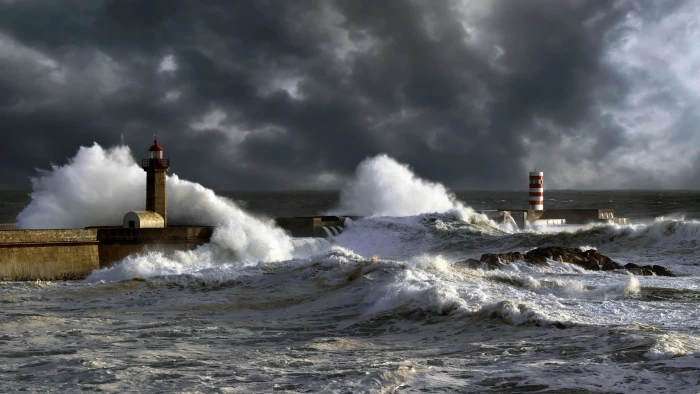 nature landscape sea lighthouse clouds horizon waves 2k