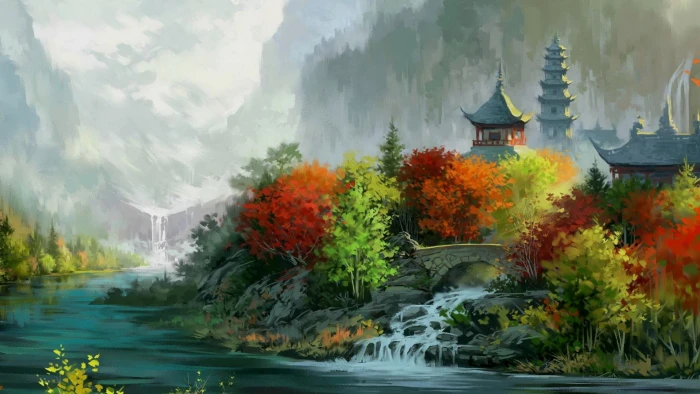 painting of pagoda and trees river between artwork digital art 2k